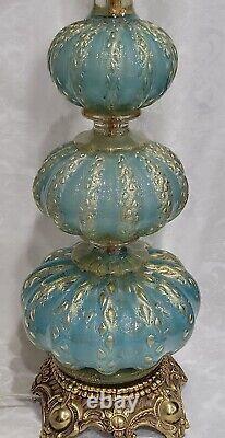 Vintage MCM Barovier & Toso Murano Turquoise Art Glass Lamp Swirld Gold Fleck