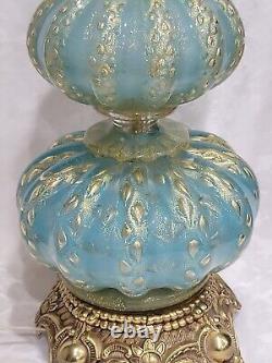 Vintage MCM Barovier & Toso Murano Turquoise Art Glass Lamp Swirld Gold Fleck