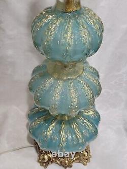 Vintage MCM Barovier & Toso Murano Turquoise Art Glass Lamp Swirld Gold Fleck