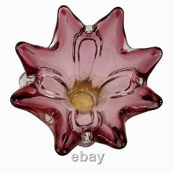 Vintage MCM Blown Murano Glass Vase Cranberry Honey 8 Petal Stretch Swung 9.5