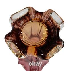 Vintage MCM Blown Murano Glass Vase Cranberry Honey 8 Petal Stretch Swung 9.5