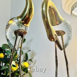 Vintage MCM Brass Murano Bubble Glass Heron Crane Pair Hollywood Regency
