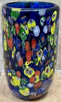 Vintage MCM Hand-Blown Genuine Murano Art Glass Cobalt Millefiori Vase HEAVY