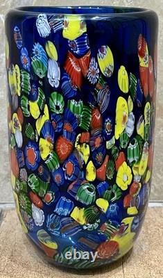 Vintage MCM Hand-Blown Genuine Murano Art Glass Cobalt Millefiori Vase HEAVY