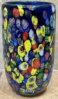 Vintage MCM Hand-Blown Genuine Murano Art Glass Cobalt Millefiori Vase HEAVY