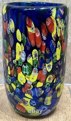 Vintage MCM Hand-Blown Genuine Murano Art Glass Cobalt Millefiori Vase HEAVY