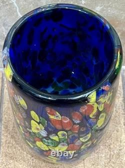Vintage MCM Hand-Blown Genuine Murano Art Glass Cobalt Millefiori Vase HEAVY