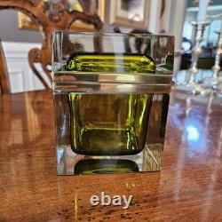 Vintage MCM Mandruzzato Murano Glass Casket Style Jewelry Box Olive Green Gold