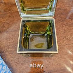 Vintage MCM Mandruzzato Murano Glass Casket Style Jewelry Box Olive Green Gold