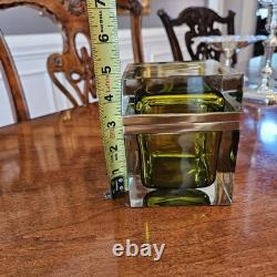 Vintage MCM Mandruzzato Murano Glass Casket Style Jewelry Box Olive Green Gold