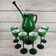 Vintage MCM Moretti Murano Glass Emerald Green Cased Wine Stemware Pitcher Set/6