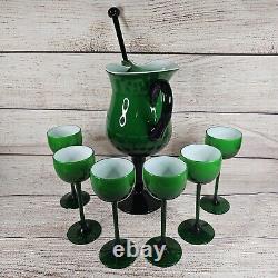 Vintage MCM Moretti Murano Glass Emerald Green Cased Wine Stemware Pitcher Set/6