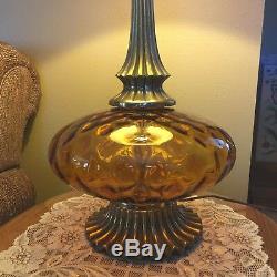 Vintage MCM Murano Amber Optic Glass Hollywood Regency Style Brass Table Lamp