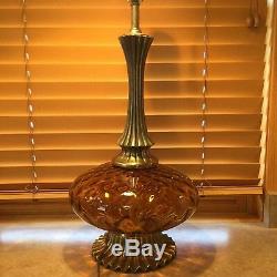 Vintage MCM Murano Amber Optic Glass Hollywood Regency Style Brass Table Lamp