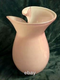 Vintage MCM Murano Art Glass Pink Folded Rim Vase 14.5 Tall