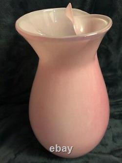 Vintage MCM Murano Art Glass Pink Folded Rim Vase 14.5 Tall