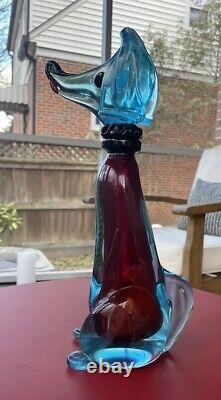 Vintage MCM Murano Dog Hand Blown Glass Teal & Ruby Red Decanter 12.5 Glows UV