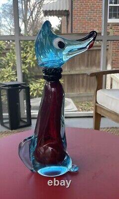 Vintage MCM Murano Dog Hand Blown Glass Teal & Ruby Red Decanter 12.5 Glows UV