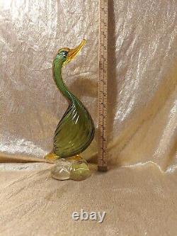 Vintage MCM Murano Duck Glass Sculpture Green Orange 11 Bird Fowl Figure Twist