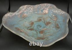Vintage MCM Murano Glass Bowl Light Blue withGold Swirls 16.5