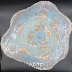 Vintage MCM Murano Glass Bowl Light Blue withGold Swirls 16.5