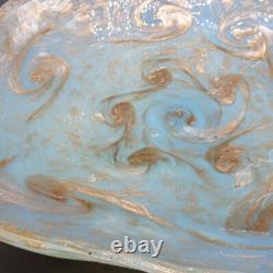 Vintage MCM Murano Glass Bowl Light Blue withGold Swirls 16.5