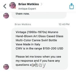 Vintage MCM Murano Hand-Blown Cased Canne Swirl Art Glass Vase Multi Color