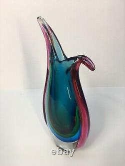 Vintage MCM Murano Sommerso Glass 10 Mulitcolored Case Glass Vase Mid Century