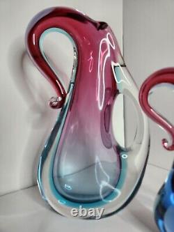 Vintage MCM Murano Sommerso Glass Vase Pair 1950s Original Label Purple & Blue