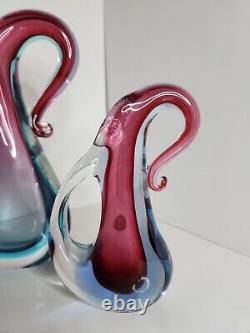 Vintage MCM Murano Sommerso Glass Vase Pair 1950s Original Label Purple & Blue