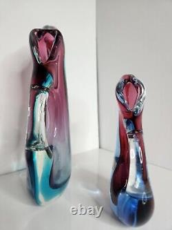 Vintage MCM Murano Sommerso Glass Vase Pair 1950s Original Label Purple & Blue