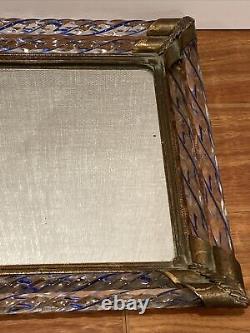 Vintage MCM Murano Twisted Blue &Clear Glass Rope Mirrored Vanity Dresser Tray