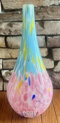 Vintage MCM Pink & Blue Hand-Blown Mottled Murano Solifleur Art Glass Vase
