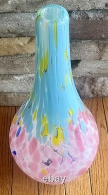Vintage MCM Pink & Blue Hand-Blown Mottled Murano Solifleur Art Glass Vase