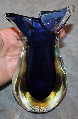 Vintage MID Century Murano Sommerso Vase Fishtail Top Blue & Amber