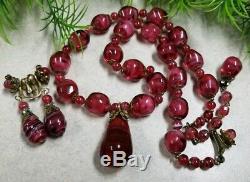 Vintage MIRIAM HASKELL signed Cranberry Art Murano Glass Necklace & Earrings Set