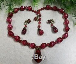 Vintage MIRIAM HASKELL signed Cranberry Art Murano Glass Necklace & Earrings Set