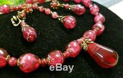 Vintage MIRIAM HASKELL signed Cranberry Art Murano Glass Necklace & Earrings Set