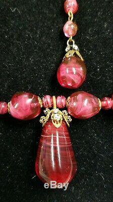 Vintage MIRIAM HASKELL signed Cranberry Art Murano Glass Necklace & Earrings Set