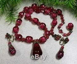 Vintage MIRIAM HASKELL signed Cranberry Art Murano Glass Necklace & Earrings Set