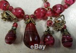 Vintage MIRIAM HASKELL signed Cranberry Art Murano Glass Necklace & Earrings Set