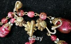 Vintage MIRIAM HASKELL signed Cranberry Art Murano Glass Necklace & Earrings Set