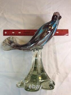 Vintage MURANO Art Glass 12.5 Inch Large Parrot Bird Blue / Red Deep Color