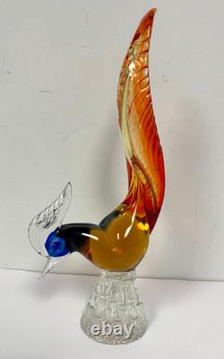 Vintage MURANO Art Glass BIRD OF PARADISE Pheasant Blue Orange Gold Flame Italy