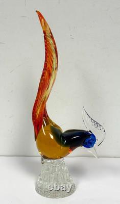 Vintage MURANO Art Glass BIRD OF PARADISE Pheasant Blue Orange Gold Flame Italy