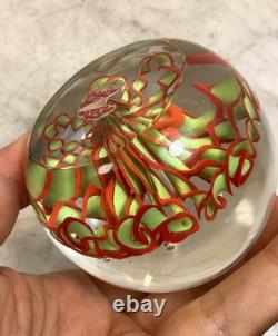 Vintage MURANO Art Glass Red Green Lace Flower Paperweight Rare