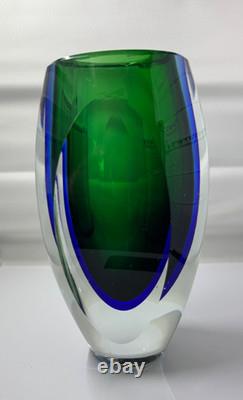 Vintage MURANO Art Glass Sommerso Green Blue Vase Heavy 8.5 Tall