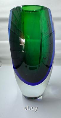 Vintage MURANO Art Glass Sommerso Green Blue Vase Heavy 8.5 Tall