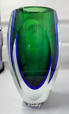 Vintage MURANO Art Glass Sommerso Green Blue Vase Heavy 8.5 Tall