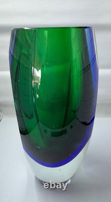 Vintage MURANO Art Glass Sommerso Green Blue Vase Heavy 8.5 Tall